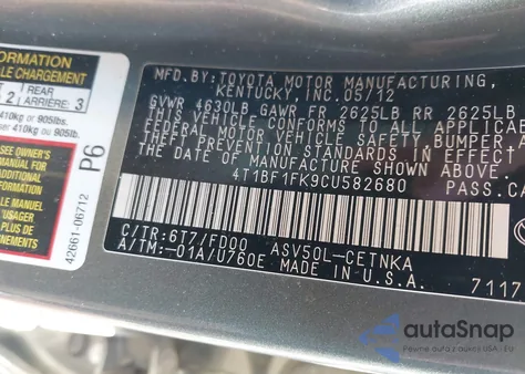 2012 Toyota Camry Le из США, поврежденный, VIN 4T1BF1FK9CU582680